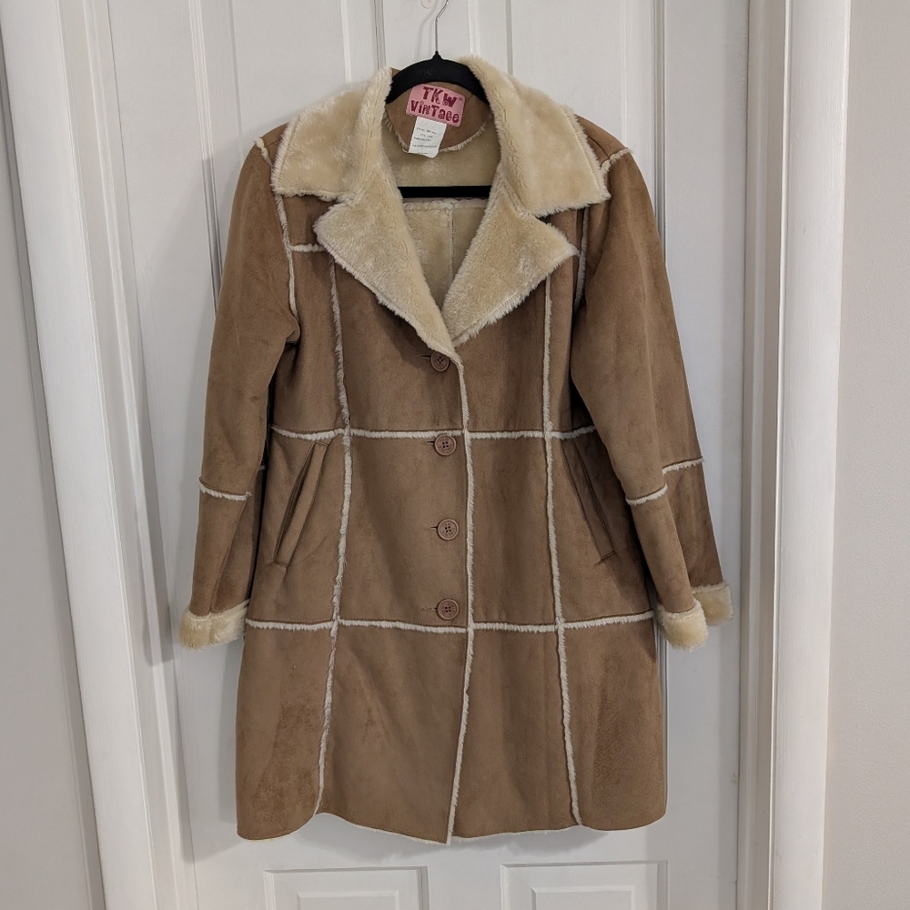 TKW Vintage Womens Faux Suede‎ Coat SIZE 14 Penny Lane Western Boho Faux Fur Tan